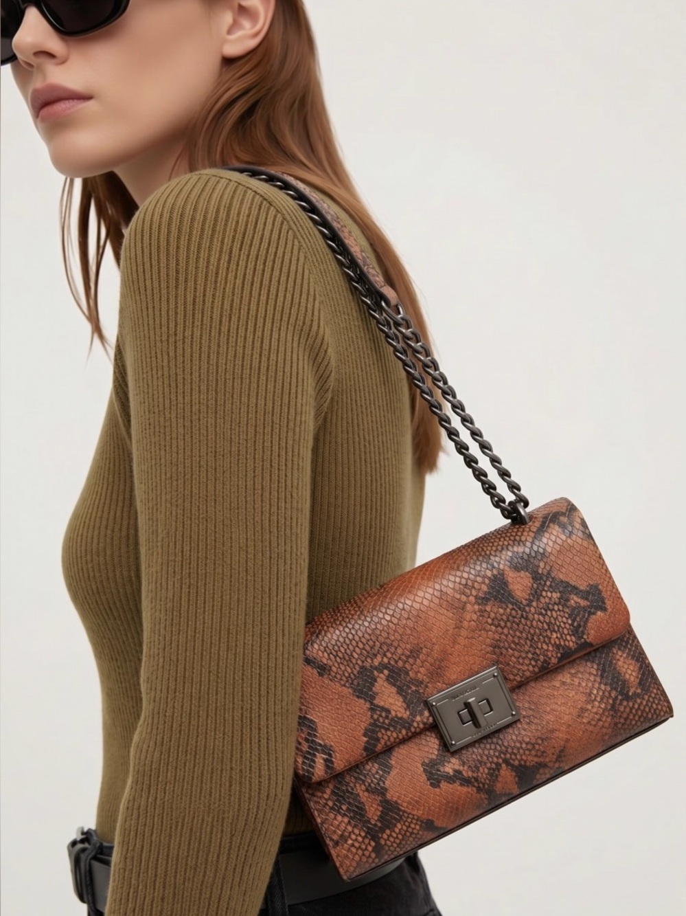 Nicole Miller Brown and Black Crossbody Bag with Chain Strap